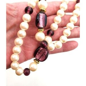 Vintage Marvella 36" Faux Pearl Opera Necklace Purple Foil Art‎ Glass Beads